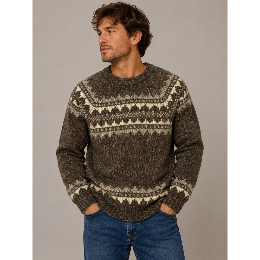 Northwest Territory Mens Brown Fair Isle Wool Blend Knit Crewneck Sweater Large